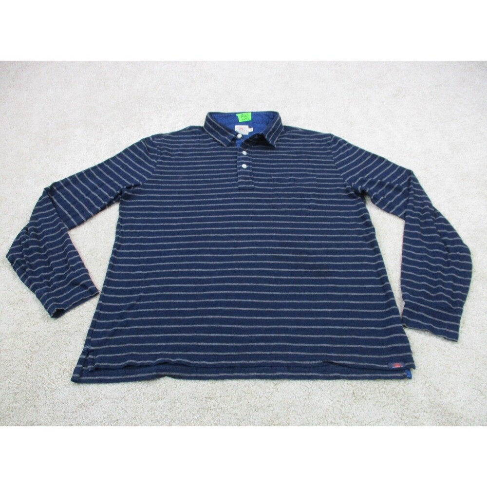 Faherty Polo Shirt Adult Large Blue Gray Striped Casual Cotton Long Sleeve Mens*